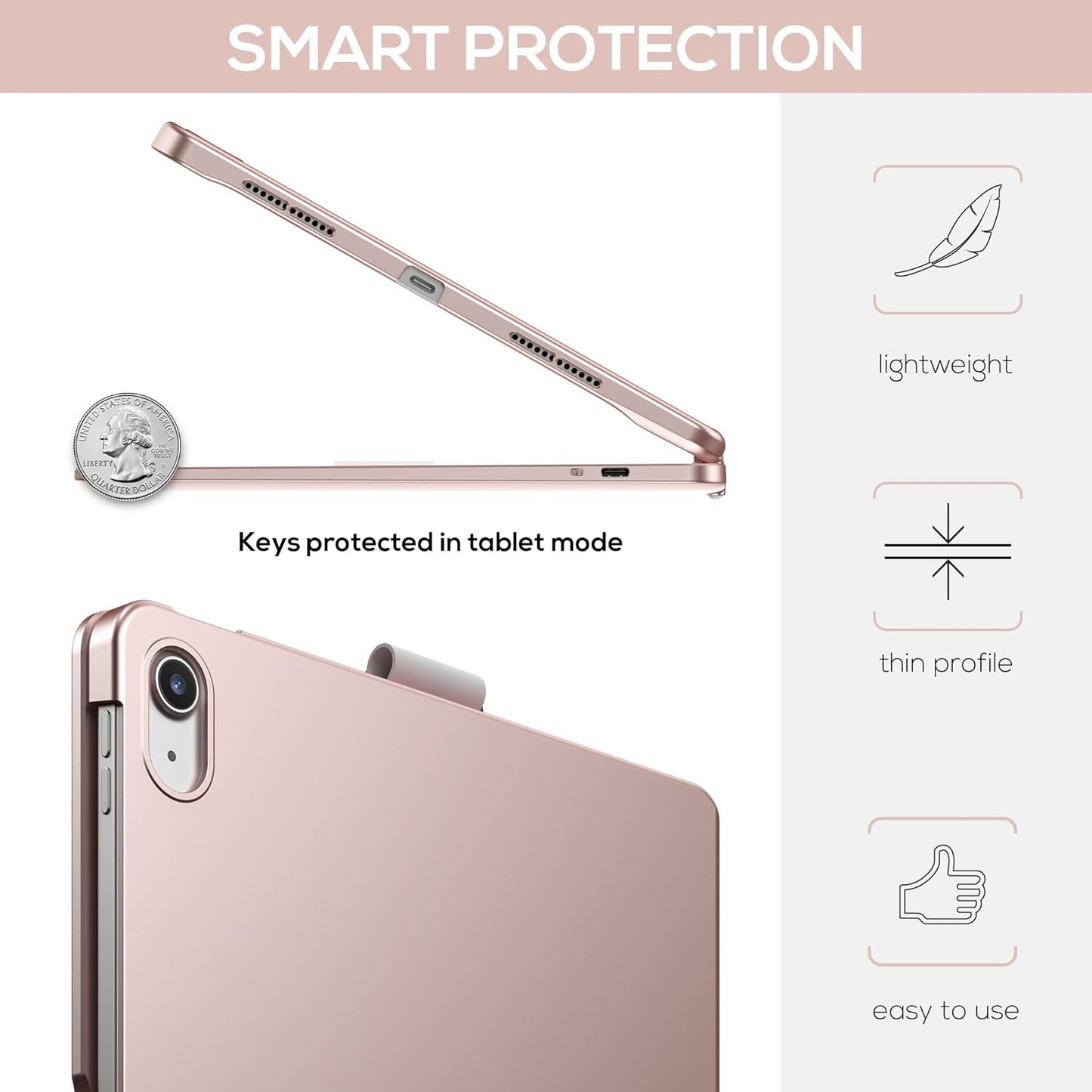 typecase Touch iPad 10th Generation Case with Keyboard (10.9", 2022) and iPad A16 (11th Gen, 2025) – 360° Rotatable, 11-Color Backlit, Multi-Touch Trackpad, Thin & Light (Rose Gold)
