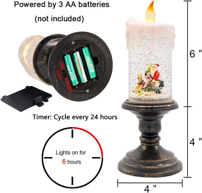 Eldnacele Battery Operated Lighted Flameless Candles Christmas Snow Globe Candle Light Swirling Water Glittering Spinning Candles for Home Decoration(Santa)