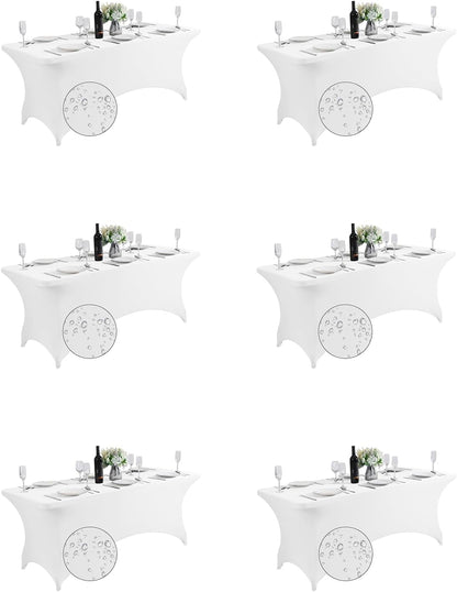 SuperO 6Pack Waterproof Spandex Table Cover for 6FT Table Universal Fitted Stretch Tablecloth for Party, Banquet, Wedding and Events-White
