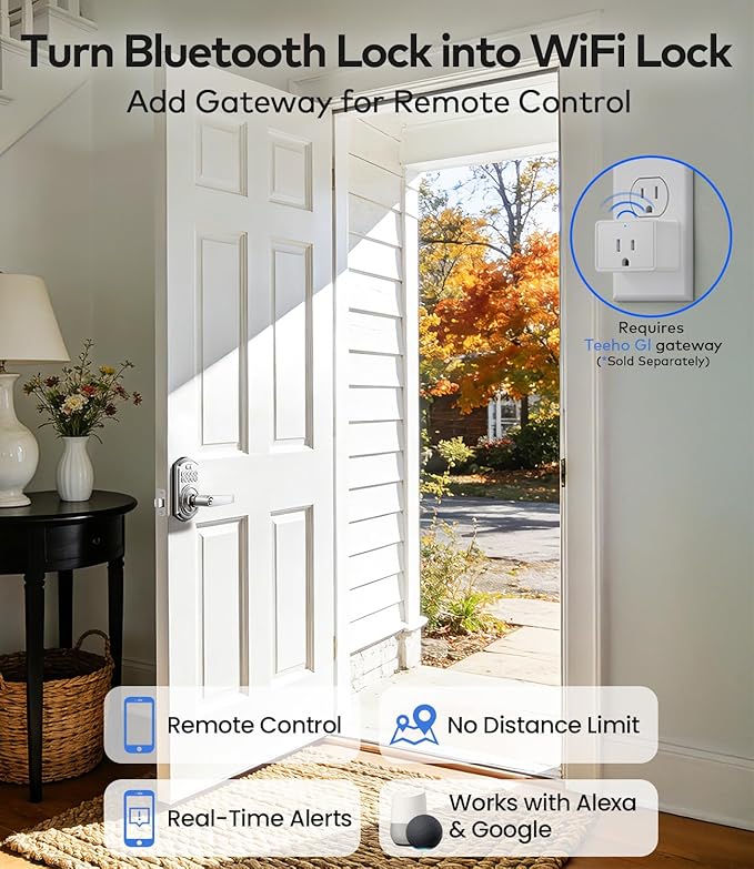 TEEHO TE019 Smart Keyless Entry Door Lock with Handle, App Control, Digital Electronic Keypad, Remote One-Time Code Sharing, Auto Lock & Passage Mode, for Bedroom & Rental, Satin Nickel