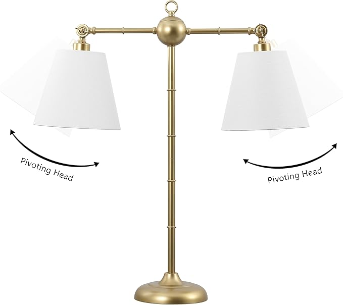 JONATHAN Y 31" Gold 2-Light Contemporary Farmhouse Adjustable Iron Library LED Table Lamp, White Linen Shades for Living Room Office Sideboard, LED Bulbs Included JYL3074A
