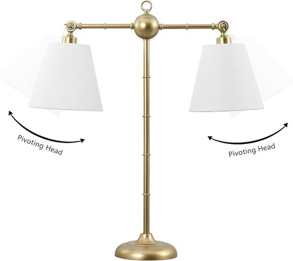 JONATHAN Y 31" Gold 2-Light Contemporary Farmhouse Adjustable Iron Library LED Table Lamp, White Linen Shades for Living Room Office Sideboard, LED Bulbs Included JYL3074A