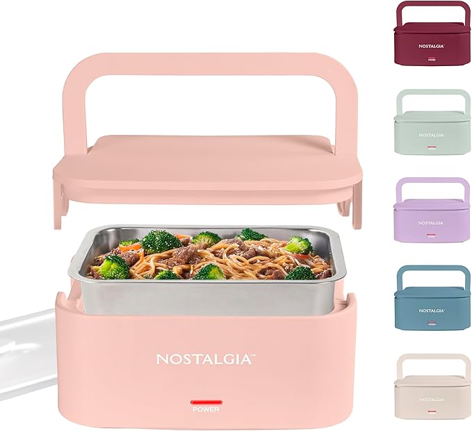 Nostalgia Portable Heated Lunch Box – 4-Cup Stainless Steel Food Warmer – Detachable Cord, Leak-Proof Lid, Carry Handle – Portable for Work & Travel – Cherry Blossom