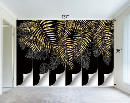 Black and Gold Leaf Mural Bedroom Tropical Botanical Wallpaper Room Plant Decor Living Room tv Background Large Wall Mural - 137"x96" (Not Peel and Stick)