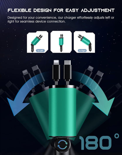 Retractable Car Phone Charger, 4 in 1 Fast Charge Car Phone Charger with 2 Retractable Cables(2.6ft) and 2 USB Ports, Compatible with iPhone15/14/15 Pro Max,Samsung (Bluish Green)