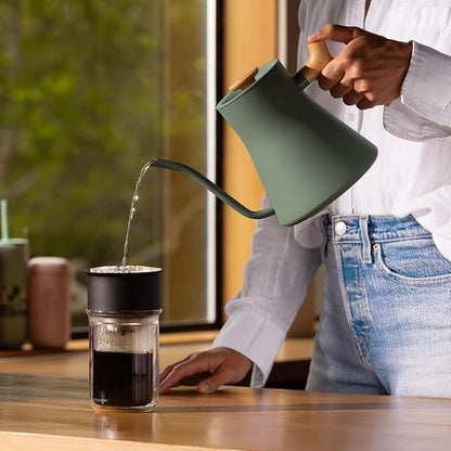 Fellow Stagg EKG Pro Electric Gooseneck Kettle - Pour-Over Coffee and Tea, Quick Heating, Precise Temperature Control, Scheduling, Built-in Brew Timer, Smoke Green with Maple Wood Handle, 0.9 Liter