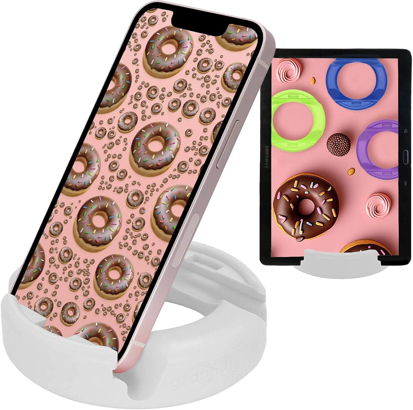 GoDonut – Phone Stand Original – Cell Phone Holder + Tablet Stand Desk Organizer – Compatible with Tablet, iPhone 16 15 14 Pro Max, Android & Most Smartphones - White