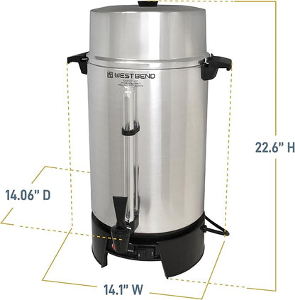 West Bend 33600 Coffee Urn Commercial Highly-Polished Aluminum NSF Approved Features Automatic Temperature Control Large Capacity with Fast Brewing and Easy Clean Up, 100-Cup, Silver
