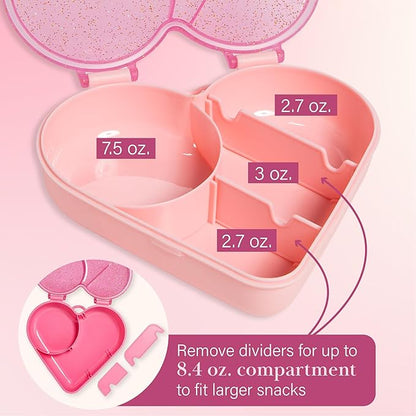 Paris Hilton Bento-Style Heart-Shaped Snack Box Set, Customizable 4-Compartment Containers with Removable Dividers, Built-In Phone Stand & Removeable Wrist Strap, 2-Pack, Pink