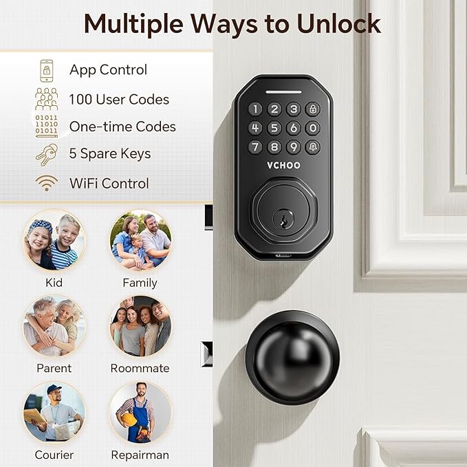 Keyless Entry Door Lock Set WiFi Smart App Control Door Lock for Front Door Keypad Deadbolt with 2 Knobs Auto Lock One Time Codes Easy Install, Black