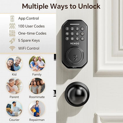 Keyless Entry Door Lock Set WiFi Smart App Control Door Lock for Front Door Keypad Deadbolt with 2 Knobs Auto Lock One Time Codes Easy Install, Black