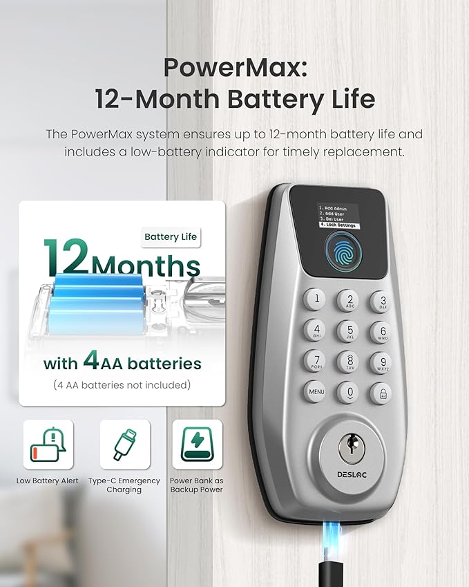 DESLOC C110 Smart Lock with LockVue Display, 3-in-1 Keyless Entry Door Lock with Fingerprint, Passcode & Key, BHMA Certified Deadbolt, Auto Lock, 12-Month Battery for Home, Apartment & Airbnb, Silver