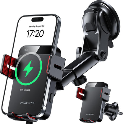 MOKPR Wireless Car Charger, 15W Auto Clamping Car Charger Dash Windshield Air Vent Phone Holder Compatible with iPhone 16 15 14/13/13 Pro/12 pro/12/11/X/8, Samsung S24/S23/S22, red