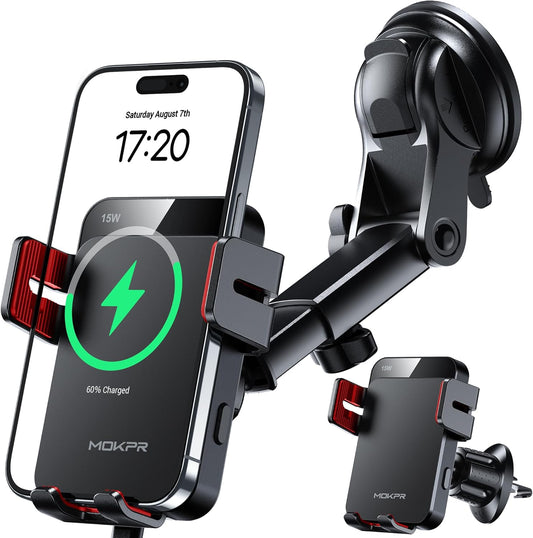 MOKPR Wireless Car Charger, 15W Auto Clamping Car Charger Dash Windshield Air Vent Phone Holder Compatible with iPhone 16 15 14/13/13 Pro/12 pro/12/11/X/8, Samsung S24/S23/S22, red