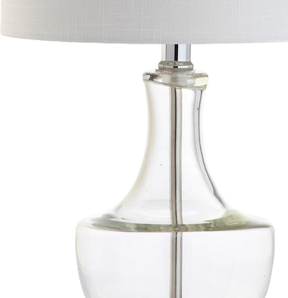 JONATHAN Y 20" Clear Glass Mini Table Lamp, Modern Bedside Lamp for Bedroom, White Linen Drum Shade, Teardrop Glass Base, LED Bulb Included, UL Listed JYL1029A