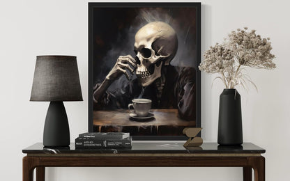 Skull Drinking Coffee Poster Art Print, Halloween Scary Vintage Wall Art Academia Spooky Painting Decoration for Horror Prints, Gothic Posters Bedroom Decor 89 (Skull Drinking Coffee, 16 x 20 inches, Unframed)