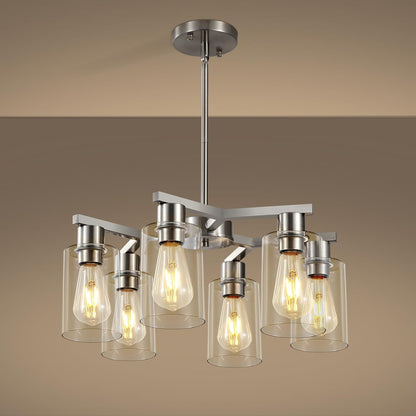 6-Light Farmhouse Brushed Nickel Chandelier,Modern Chandeliers for Dining Room Light Fixture Over Table,Adjustable Hanging Industrial Rustic Pendant Lights Kitchen Island Light with Clear Glass Shade