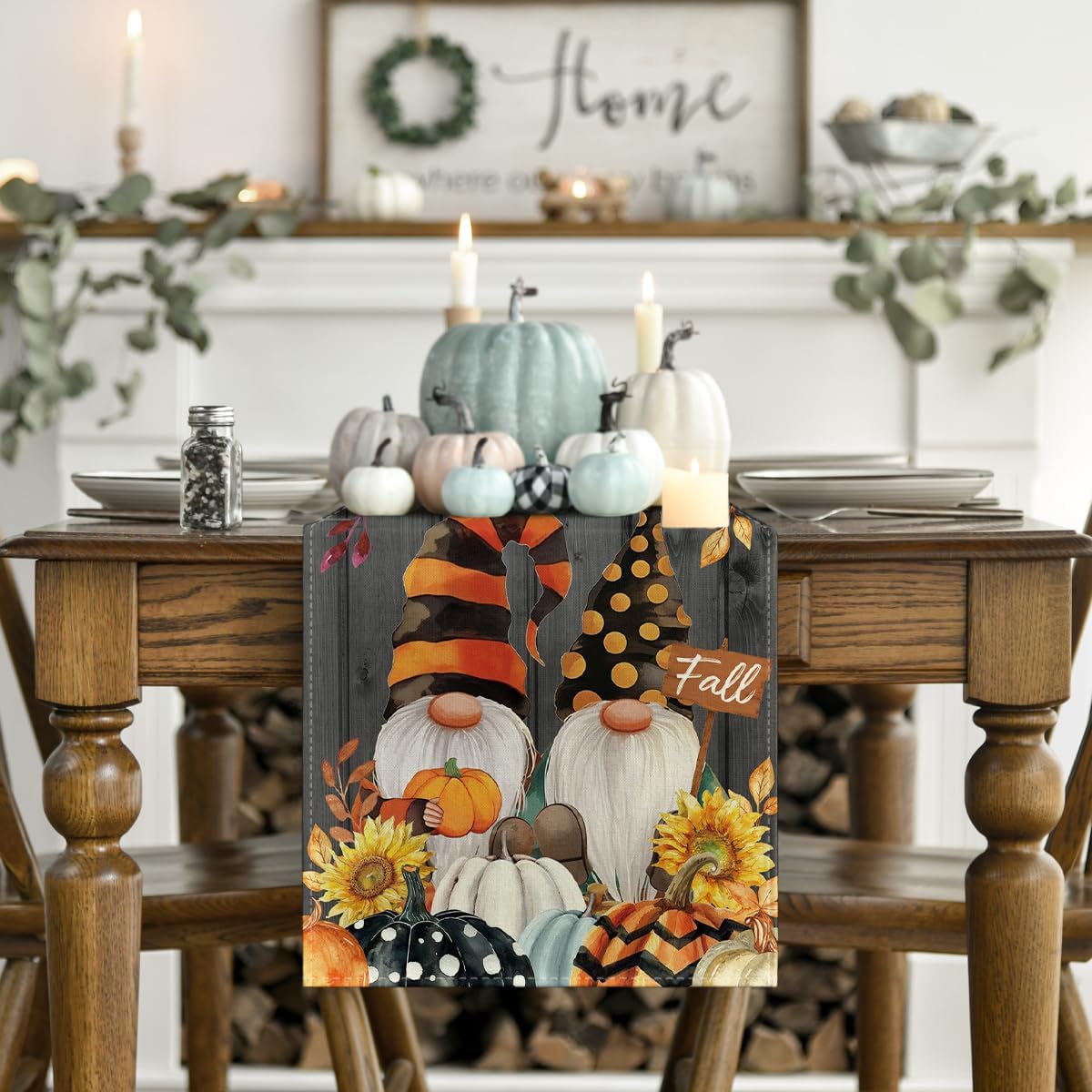 Artoid Mode Fall Gnomes Pumpkins Sunflower Maple Leaves Thanksgiving Table Runner, Seasonal Harvest Vintage Kitchen Dining Table Decoration for Indoor Outdoor Home Party Decor 13 x 36 Inch