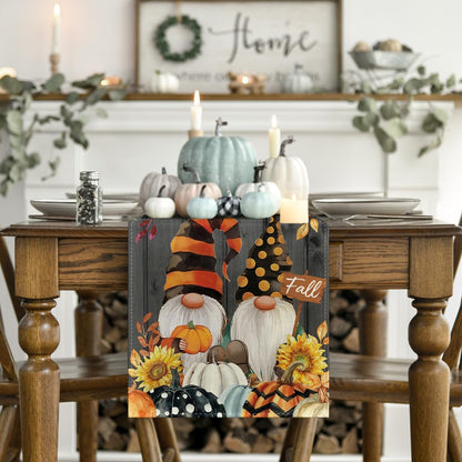 Artoid Mode Fall Gnomes Pumpkins Sunflower Maple Leaves Thanksgiving Table Runner, Seasonal Harvest Vintage Kitchen Dining Table Decoration for Indoor Outdoor Home Party Decor 13 x 36 Inch