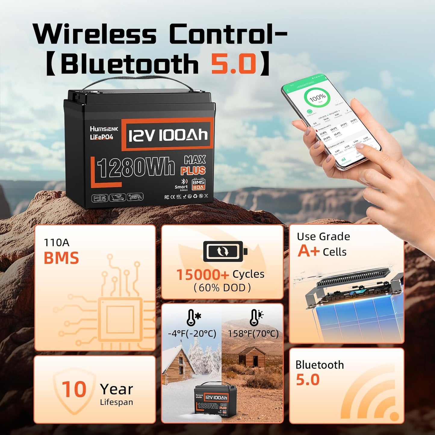3PACK 12V 100Ah LiFePO4 Lithium Battery MAX Bluetooth 5.0 IP67, 15000+ Deep Cycles Lithium Battery, Built-in 110A BMS for RVs Marine Trolling Motors