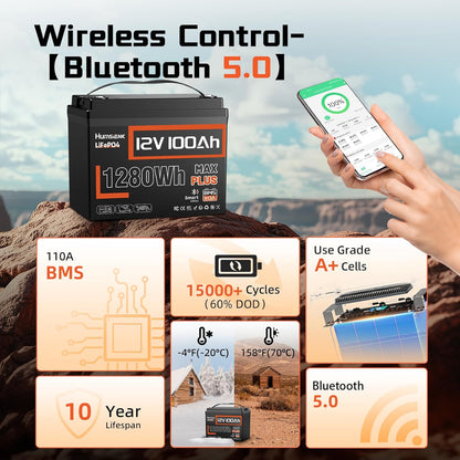 12V 100Ah LiFePO4 Lithium Battery MAX PLUS, Built-in 110A BMS & Bluetooth 5.0 APP, 15000+ Deep Cycles Lithium Batteries, Max. 1280Wh, 10-Year Lifespan for RV, Marine, Trolling Motors