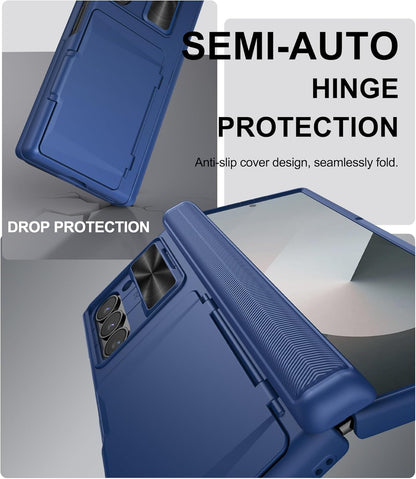 for Samsung Galaxy Z Fold 6 Case with Card Holder & Belt Clip & Slide Camera Cover, Built-in Hinge Protection & Screen Protector, Rugged Wallet Phone Cover Case for Z Fold 6 5G 2024, Blue
