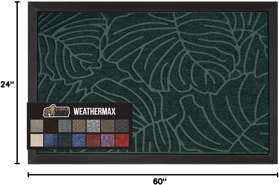 GORILLA GRIP 100% Waterproof All-Season WeatherMax Doormat, 60x24, US Designed Natural Rubber, Stain and Fade Resistant, Low Profile Indoor Outdoor Door Mats, Easy Clean Patio Mat, Green Palm