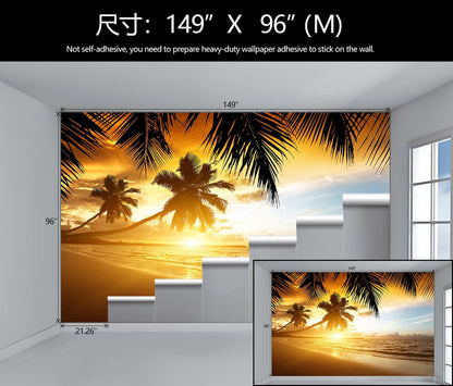 WFBHUA-Tropical Beach Wallpaper Dusk Waves Palm Tree Leaf Coconut Tree Wall Mural for Living Room Bedroom (Not Peel and Stick)