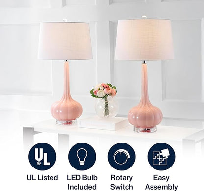 JONATHAN Y 28.5" Pink Glass Teardrop LED Table Lamp Set of 2 for Living Room Bedroom Nightstand, White Linen Shade Modern Transitional Bedside Desk Lamp JYL1079A-SET2