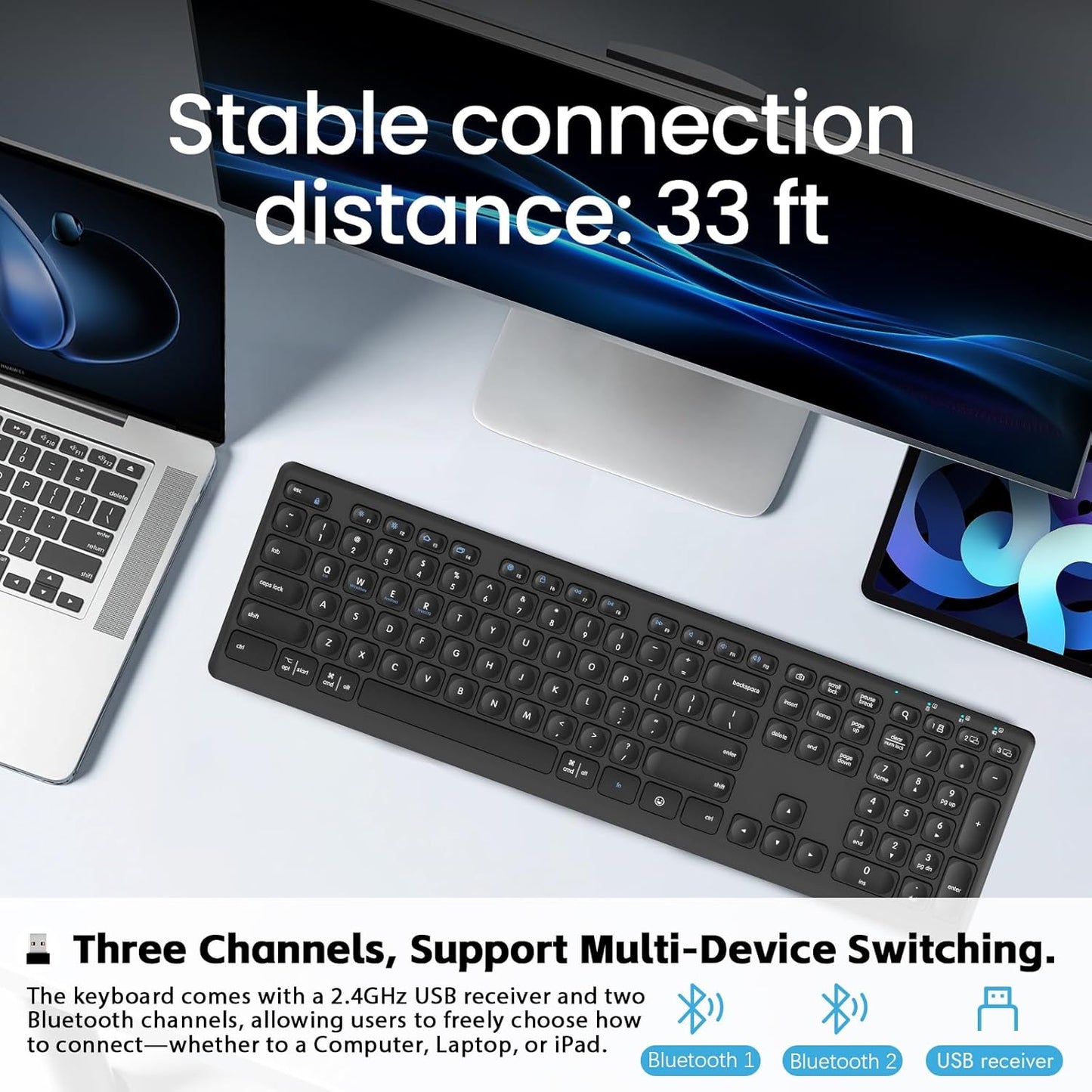 K9300 Wireless Bluetooth Keyboard (USB+BT1+BT2), Support Multi Device Switching, Full Size, Scissor-Switch Keys Silent Design for Computer, Laptop, MacBook and iPad.(Black) (K9300)