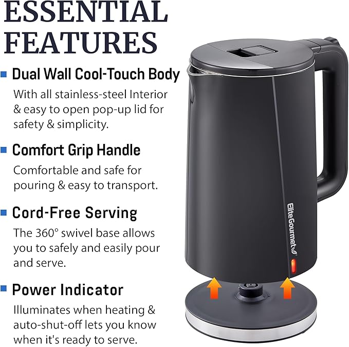 Elite Gourmet 1.7L Cool-Touch 1500W Fast Boil Electric Kettle, Fully Stainless Steel Lid & Interior BPA Free, Double Wall, Auto Shut-Off, Black