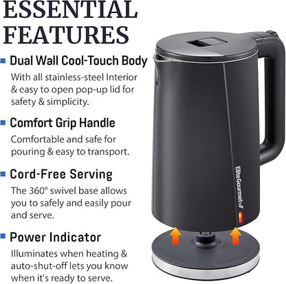 Elite Gourmet 1.7L Cool-Touch 1500W Fast Boil Electric Kettle, Fully Stainless Steel Lid & Interior BPA Free, Double Wall, Auto Shut-Off, Black