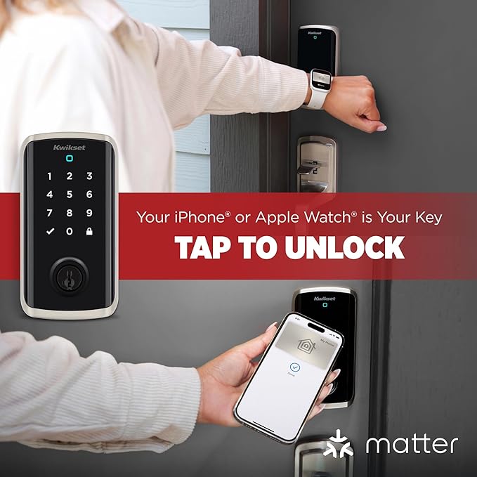 Kwikset Halo Select Plus Satin Nickel Touchscreen Apple Home Keys Tap-to-Unlock, Wi-Fi and Matter Enabled Smart Lock Deadbolt with Door Status Sensor and Intrusion Detection