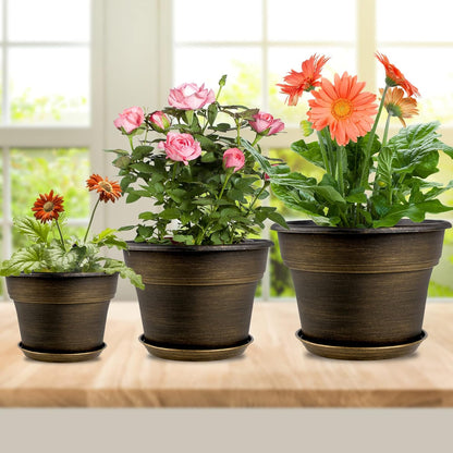 Plant Planters Pots Set of 4 Pack 11 Inch, Plastic Flower Pot for Indoor Plants with Drainage Holes & Trays, Resin Decorative Container Sets with Saucer for House Outdoor Garden Planters Dark Gold