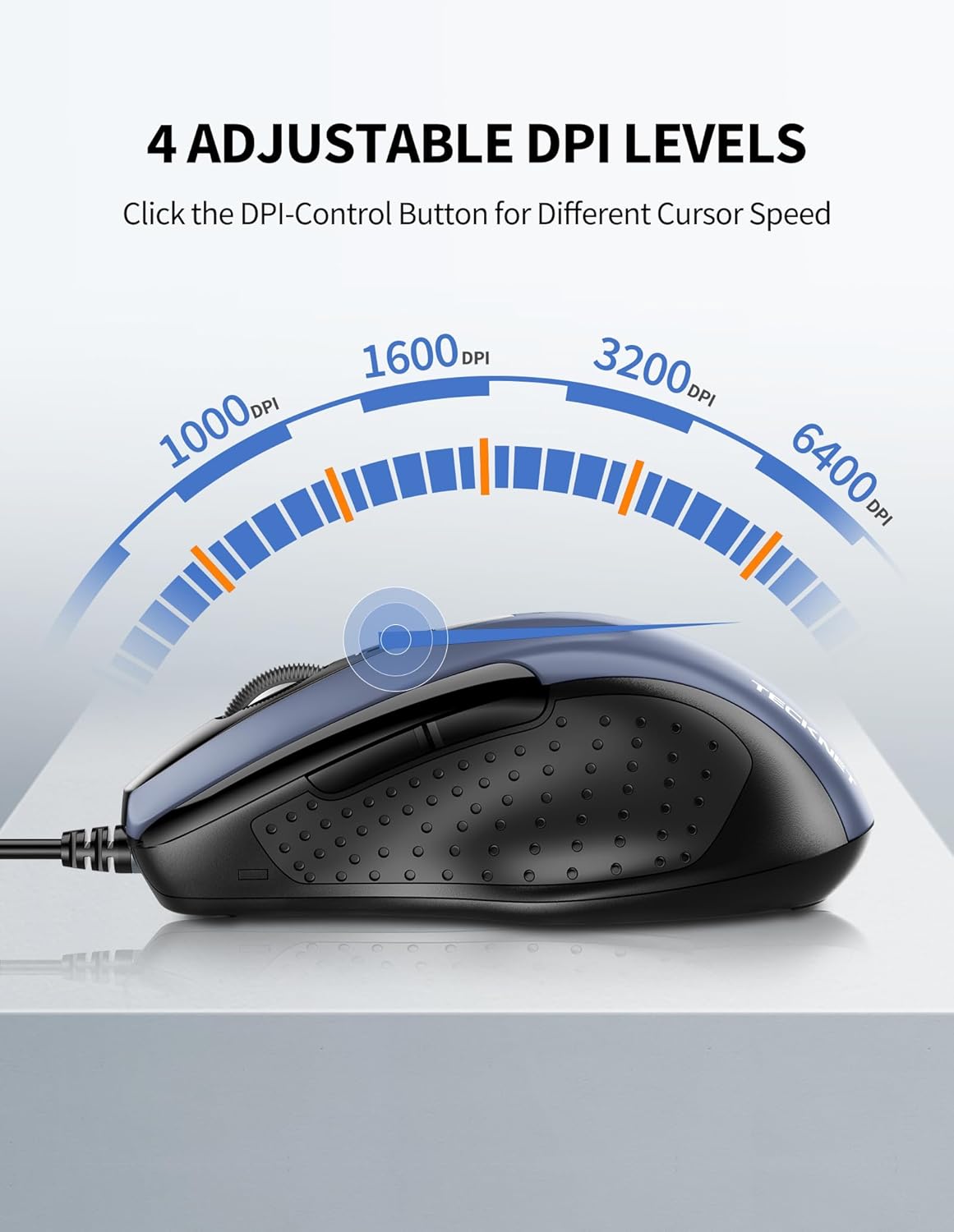 TECKNET USB Wired Mouse, 6-Button Corded Mouse with 4 Adjustable DPI, Optical Computer Mouse with Ergonomic Design and 5FT Cord for Laptop, Chromebook, PC, Desktop, Mac, Notebook-Blue