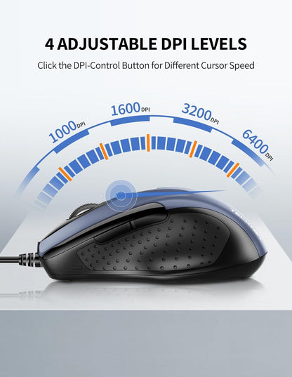 TECKNET USB Wired Mouse, 6-Button Corded Mouse with 4 Adjustable DPI, Optical Computer Mouse with Ergonomic Design and 5FT Cord for Laptop, Chromebook, PC, Desktop, Mac, Notebook-Blue