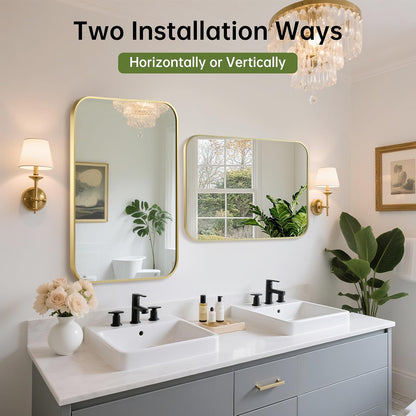 FARMER 26x38 Inch Gold Bathroom Mirror, Rectangle Vanity Mirror, Brushed Mirrors for Wall, Metal Frame Hanging Mirror with Round Corner for Bedrooms, Entryways, Living Rooms, Horizontal/Vertical