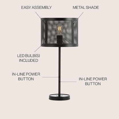 JONATHAN Y 25" Black Minimalist Metal LED Table Lamp, Modern Industrial Iron Desk Lamp for Living Room Bedroom, Round Metal Screen Drum Shade, LED Bulb Included JYL1102A