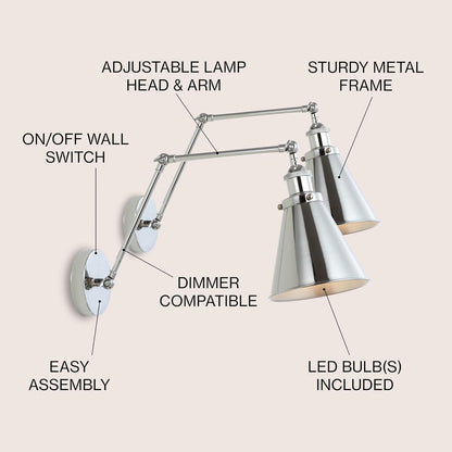 JONATHAN Y JYL7460A-SET2 Rover 7" Farmhouse Industrial Adjustable Arm Metal LED Wall Sconce Rustic Bohemian 2700K LED 4W Bulb for Entryway Lobby Kitchen Bathroom Bedroom Hallway, Chrome (Set of 2)