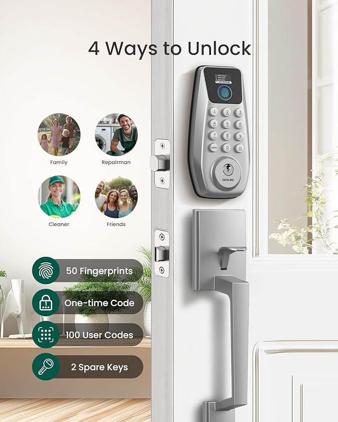 DESLOC C110 Fingerprint Smart Front Door Lock Set with Handle Keyless Entry Door Lock, Keypad Deadbolt, Auto-Lock, Easy DIY Installation, IP54 Weatherproof, Fits Most US Doors, Sliver