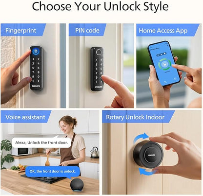 Philips WiFi Smart Deadbolt Lock with Fingerprint Keypad, APP Remote Control, Smart Retrofit Lock for Existing Deadbolt, Keyless Entry, Voice Control, Interior Auto-Locking