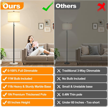 Nintiue Dimmable Floor Lamp for Living Room, 11W LED Bulb Included, Modern Standing Lamp with Marble Base, Tall Pole Light with White Linen Shade for Bedroom Reading Office Corner Nursery-Black