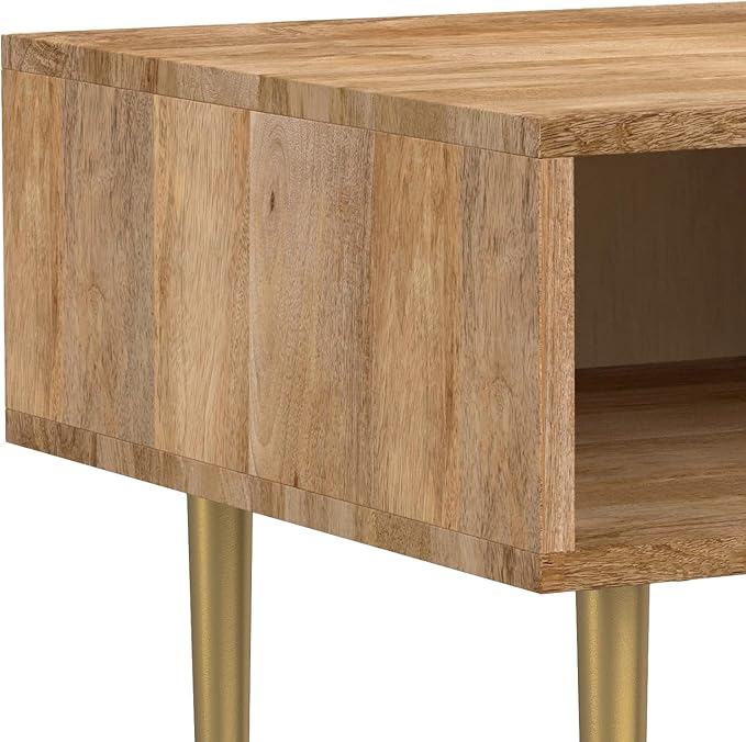SIMPLIHOME Fallon End Table - 20 inch Wide Solid Mango Wood Square Accent Table with Open Storage Compartment and Gold Metal Base in Natural, Contemporary Nightstand for Living Room or Bedroom