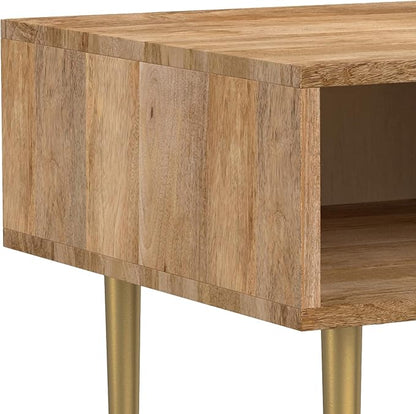 SIMPLIHOME Fallon End Table - 20 inch Wide Solid Mango Wood Square Accent Table with Open Storage Compartment and Gold Metal Base in Natural, Contemporary Nightstand for Living Room or Bedroom