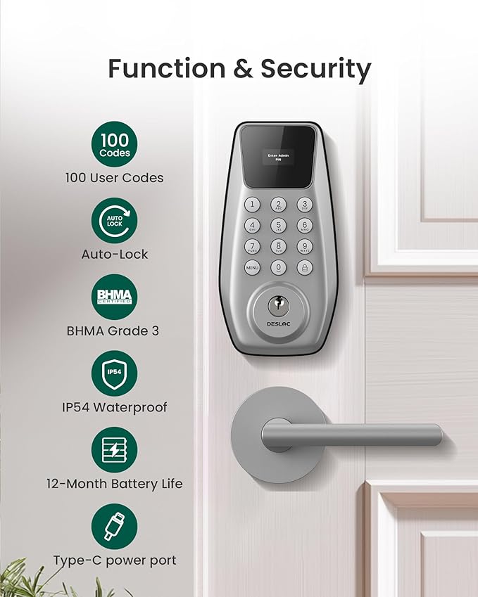 DESLOC C100 Keyless Entry Door Lock with 2 Lever Handles, Smart Deadbolt Lock for Front Door with 2 Keys, Auto Lock, 100 PIN Codes, Passage Mode, IP54 Waterproof, 12 Months Battery,Silver