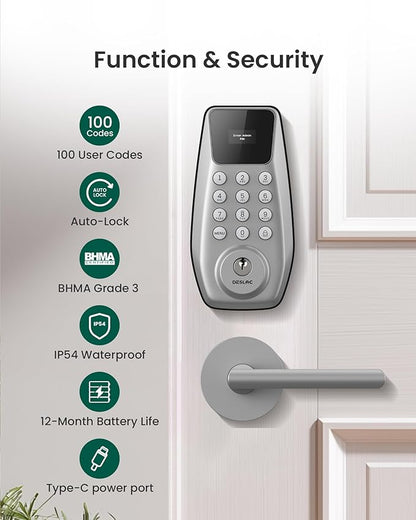 DESLOC C100 Keyless Entry Door Lock with 2 Lever Handles, Smart Deadbolt Lock for Front Door with 2 Keys, Auto Lock, 100 PIN Codes, Passage Mode, IP54 Waterproof, 12 Months Battery,Silver