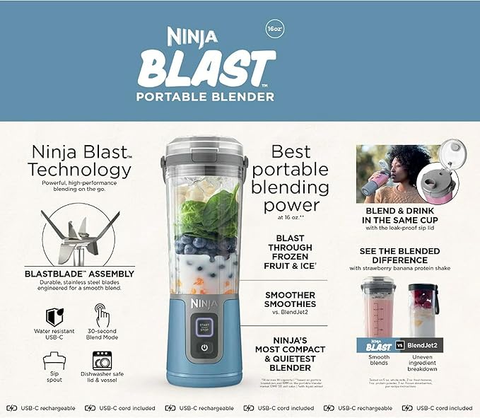 Ninja Blast 16 oz. Personal Portable Blender with Leak Proof Lid and Easy Sip Spout, Perfect for Smoothies, Cordless, USB-C Rechargeable, Dishwasher Safe Parts (Renewed) (Denim Blue)