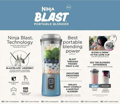 Ninja Blast 16 oz. Personal Portable Blender with Leak Proof Lid and Easy Sip Spout, Perfect for Smoothies, Cordless, USB-C Rechargeable, Dishwasher Safe Parts (Renewed) (Denim Blue)