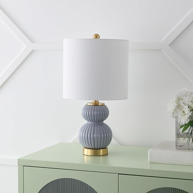 JONATHAN Y 20" Gray/Brass Gold Ribbed Gourd Glass Table Lamp, Modern Bedside Lamp for Bedroom Living Room, White Linen Drum Shade, LED Bulb Included (JYL1099C)