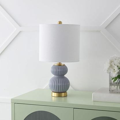 JONATHAN Y 20" Gray/Brass Gold Ribbed Gourd Glass Table Lamp, Modern Bedside Lamp for Bedroom Living Room, White Linen Drum Shade, LED Bulb Included (JYL1099C)